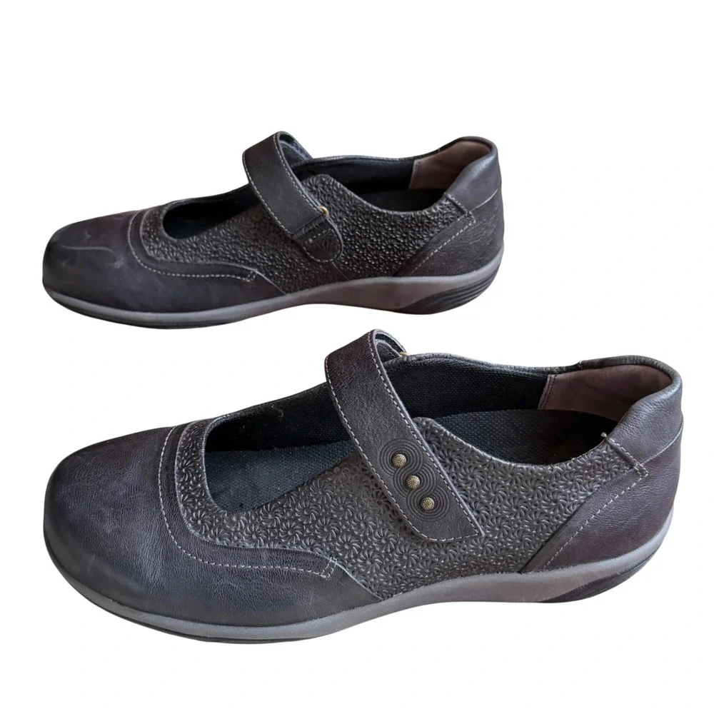 Halsa Aloe Embossed Mary Jane Comfort Shoes Womens 11W Black Leather Soft Casual
